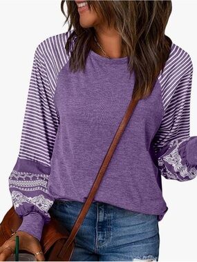 Women's Purple Raglan Long Sleeve Top with Patterned Sleeves, Large